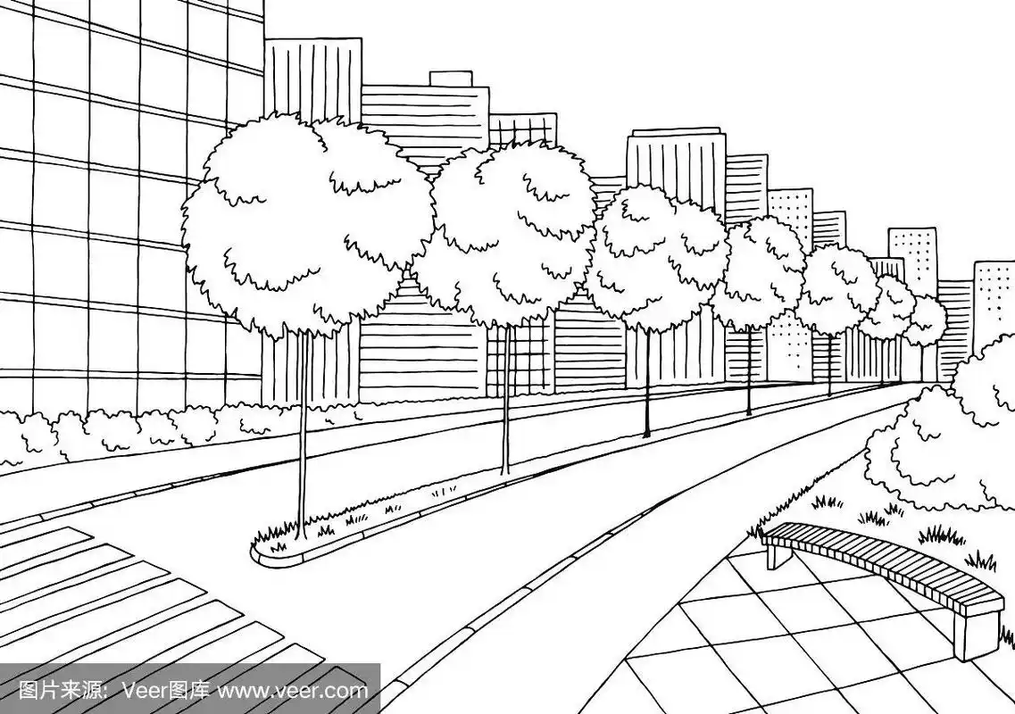 街道道路图形黑白城市景观素描插图矢量