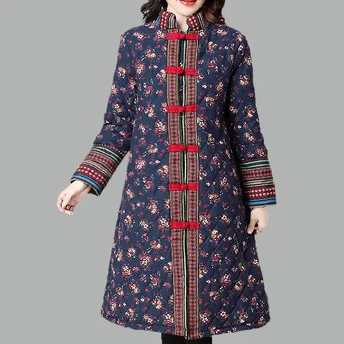 秋冬文艺复古民族风中老年妈妈装中长款棉麻棉衣外套女装加厚大码