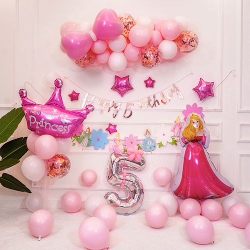 女童白雪公主主题气球场景布置背景墙女孩5岁生日气球
