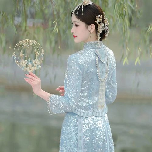 秀禾服2022新娘夏季结婚薄款冰蓝色重工流苏年轻款中式古装嫁衣