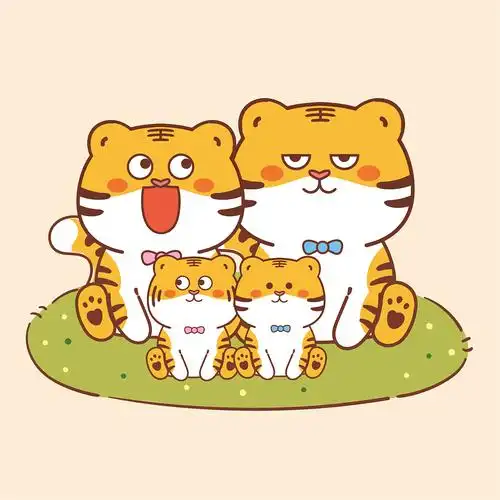 虎萌萌全家福 可爱插画胖虎萌虎卡通