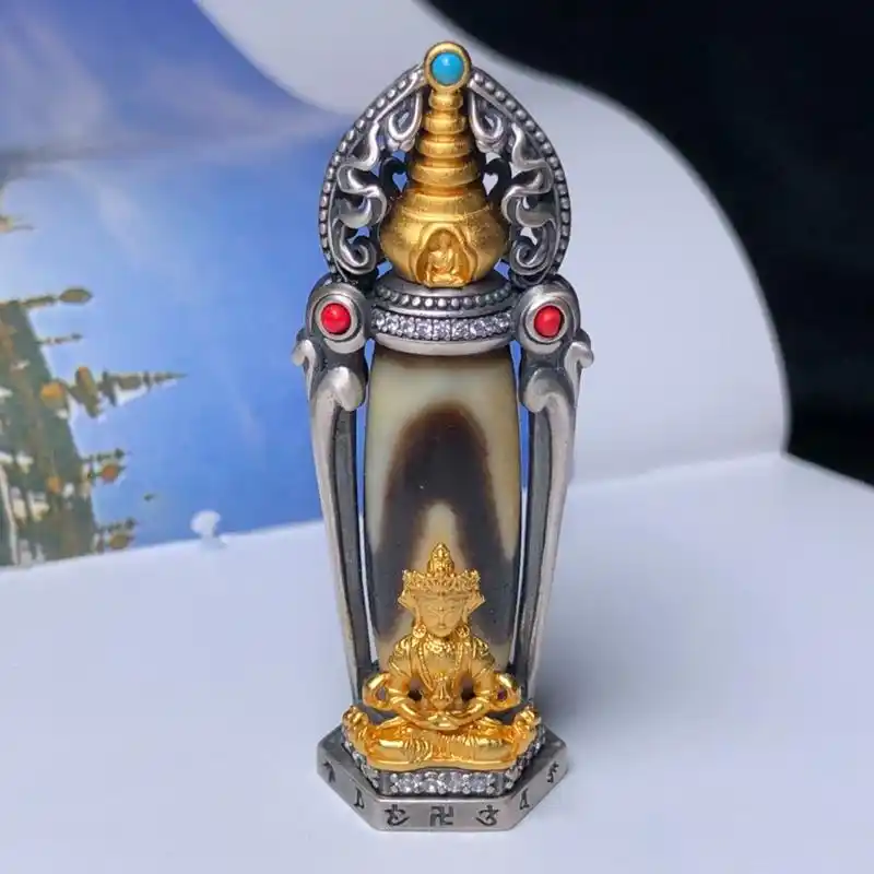 藏区回流老料高油包浆虎牙天珠镶嵌925银药师佛吊坠 尺寸约:51*20*14