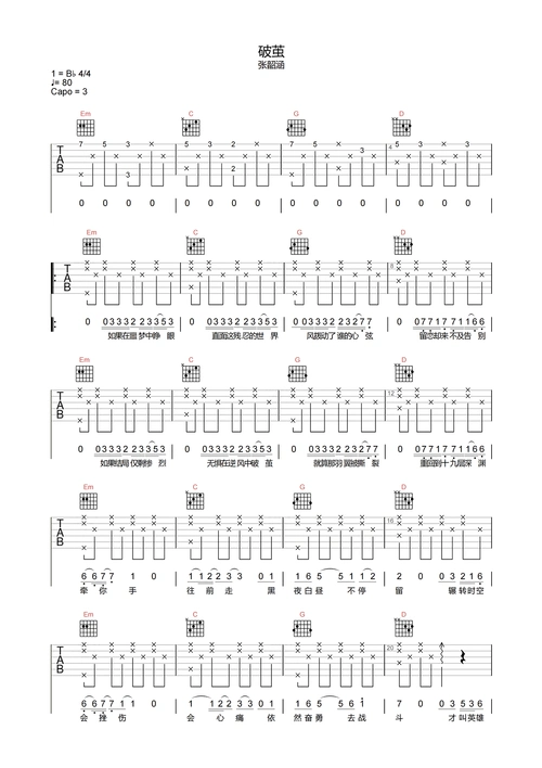 破茧吉他谱-张韶涵-《破茧》g调高清原版六线谱1