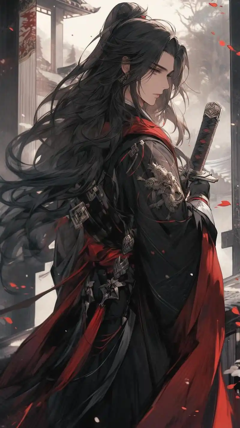 剑客身影若隐若现,剑意划破宵寂.红与黑的对比,情感交织.