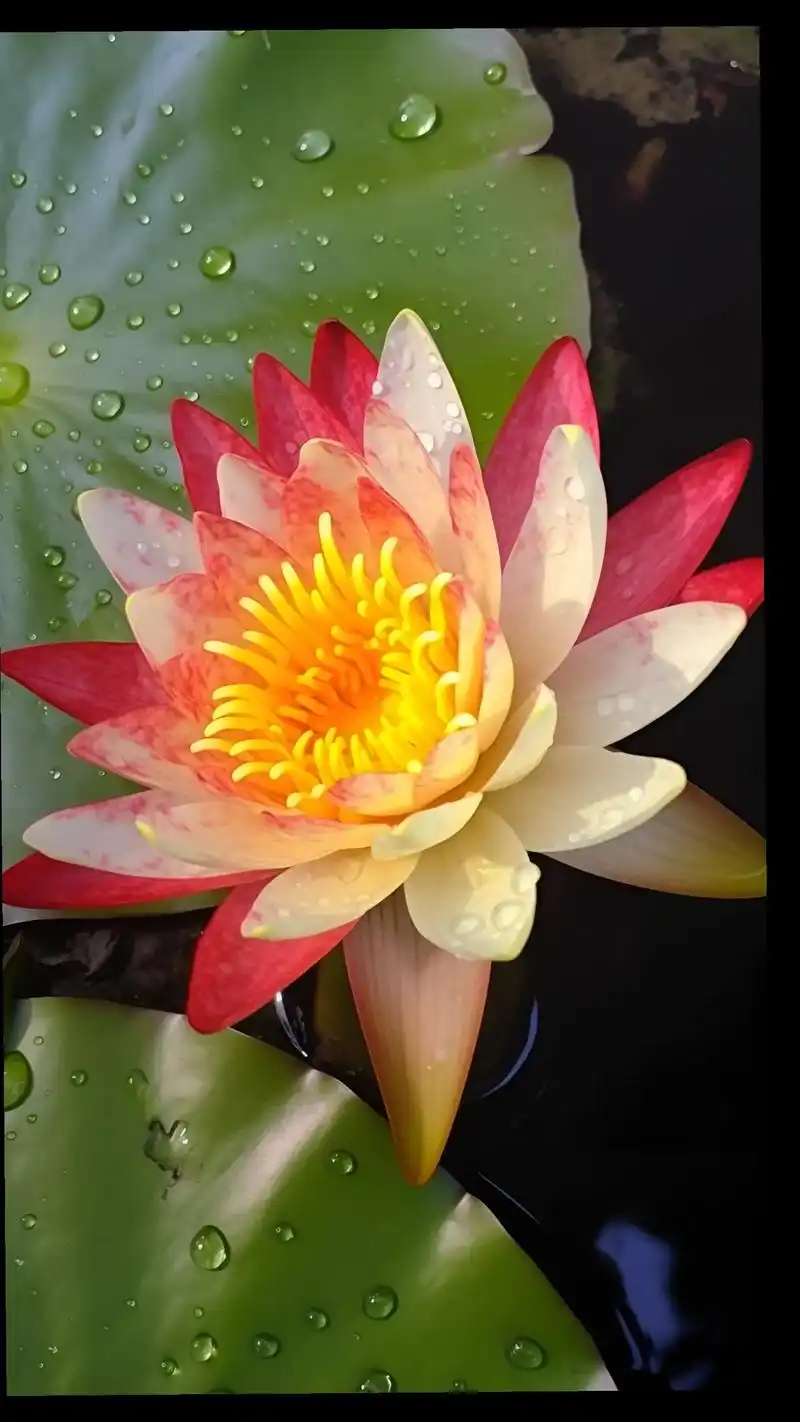 双色睡莲.见者好运"莲莲"!一半嫣红,一半鹅黄,红黄双色美得 - 抖音