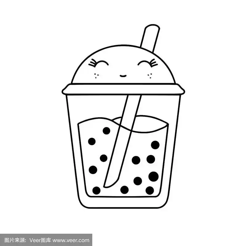 单色矢量卡哇伊插图,可爱的卡哇伊微笑豆泡茶奶茶,着色页,儿童绘画