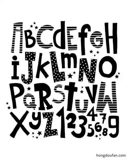 9张黑白手绘英文字母英文标题简笔画