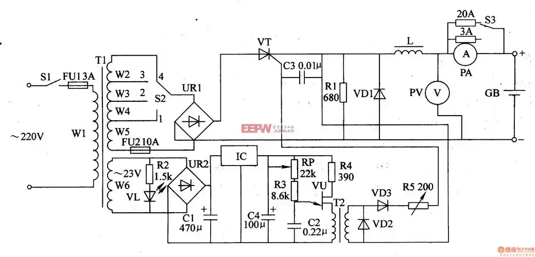 电路工作原理本例介绍的机动车蓄电池充电器,其充电输出电压分为6v