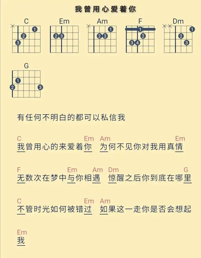 我曾用心爱着你吉他谱,原调1=d,用c调指法,变调夹2品#我 - 抖音