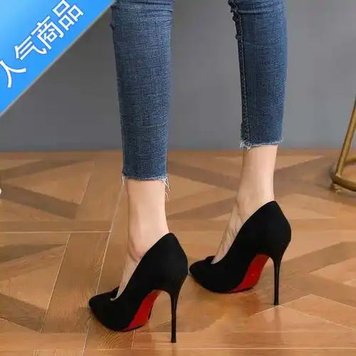 suntek黑色红底床上高跟鞋女细跟2023新款网红性感职业女鞋名媛气质单