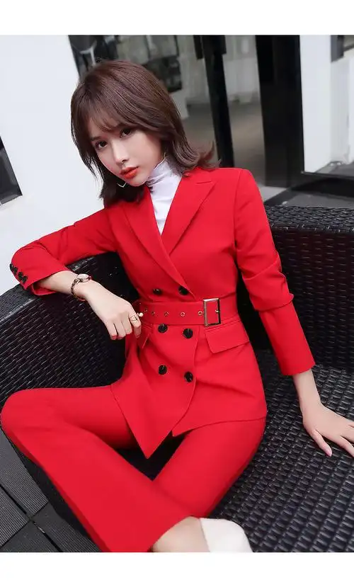 红色西装套装女时尚达人职业装气质女神范主持人正装总裁韩版西服