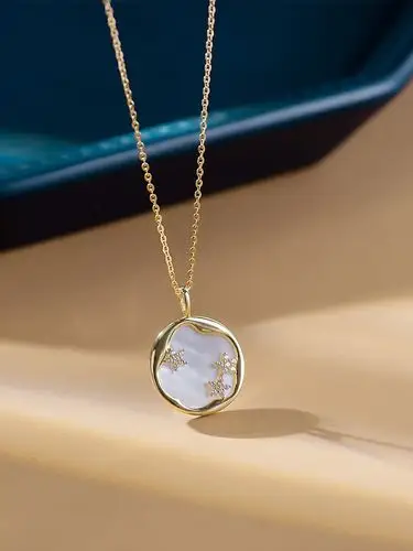 爱之家韩国纯14k金项链女款白贝壳镶嵌星星气质吊坠单坠1411520