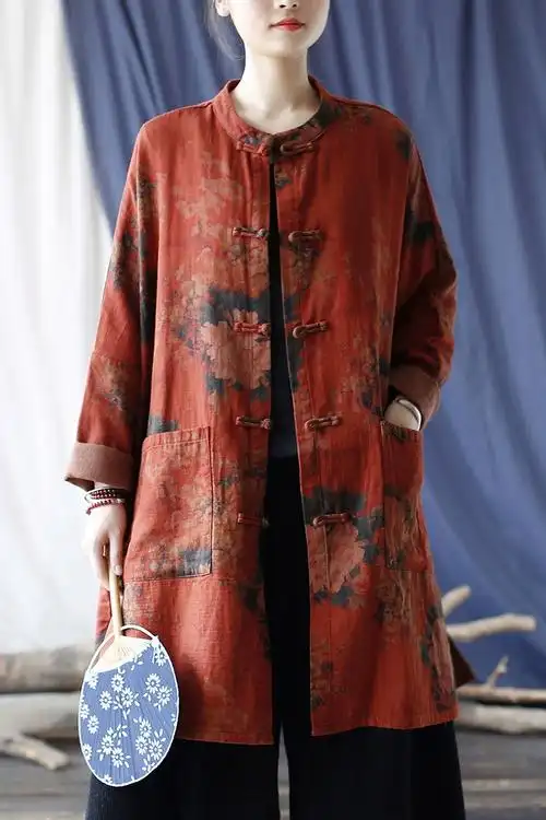 民族风印花禅意上衣开衫风衣棉麻外套女春秋中国风复古盘扣中长款