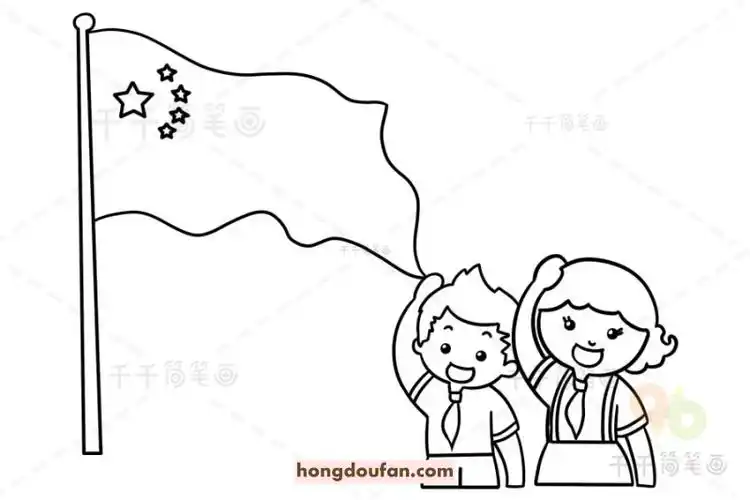 敬礼的两位小朋友卡通简笔画大全-红豆饭小学生简笔画大全