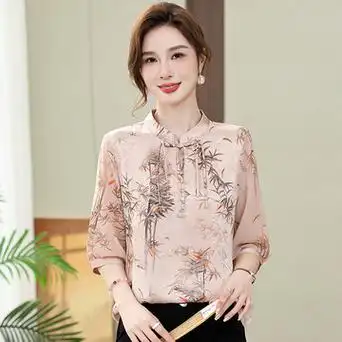 中老年女装夏装新款中年妈妈夏季上衣气质衬衫时尚碎花舒适t恤女