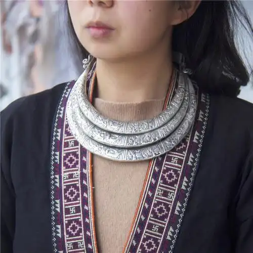 项圈贵州民族风镀银十二生肖多层古朴大气颈带汉服项链