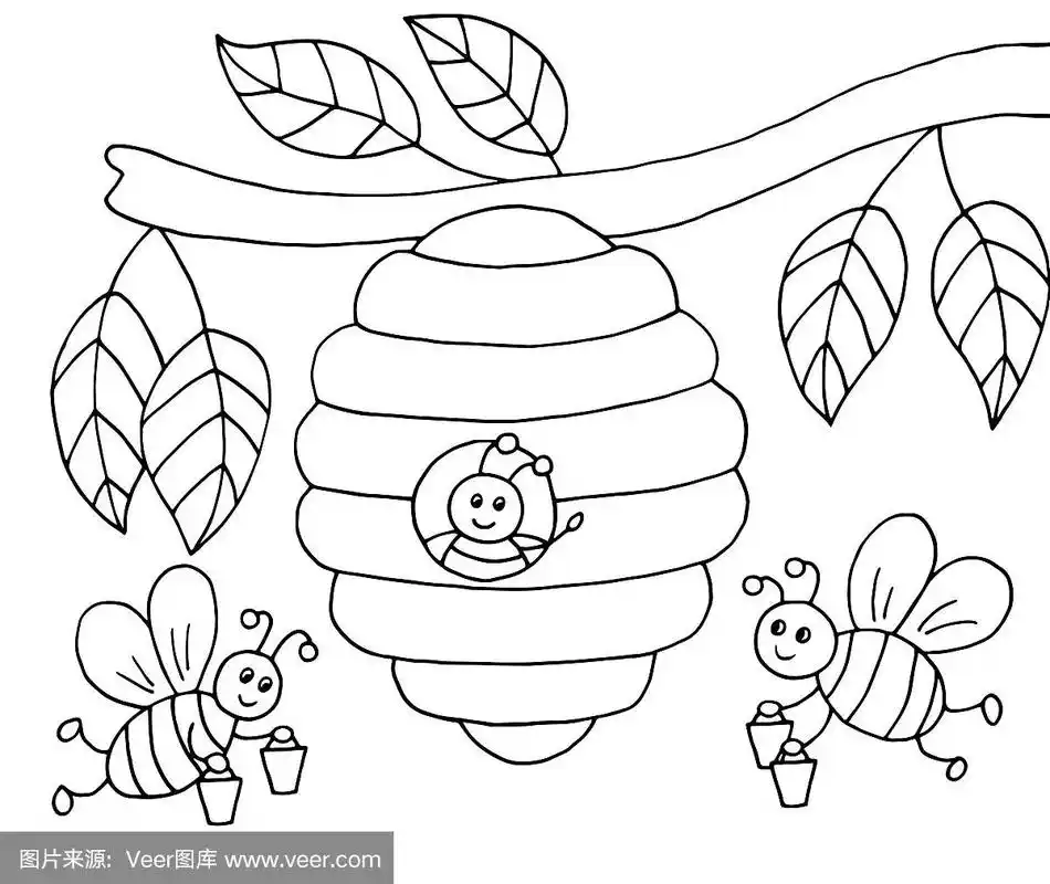 手绘卡通蜜蜂与蜂蜜和一个蜂巢在一棵树上,着色页