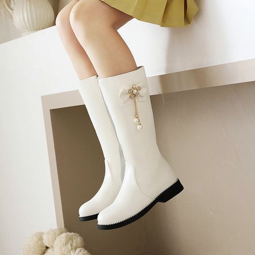女童长靴子2022新款秋冬加绒高筒靴公主皮靴中大童白色儿童鞋子