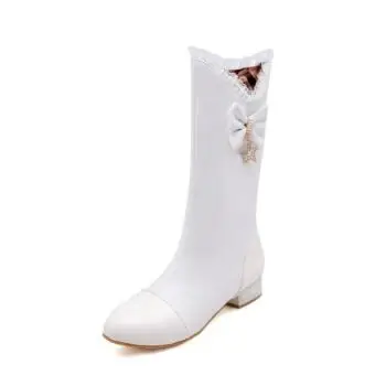 女童靴子春秋单靴女孩长靴高跟高筒靴儿童马靴真皮公主皮靴女 白色 39