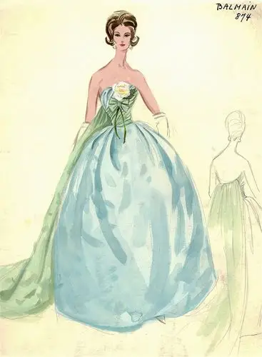 蓝色花朵抹胸晚礼服设计图