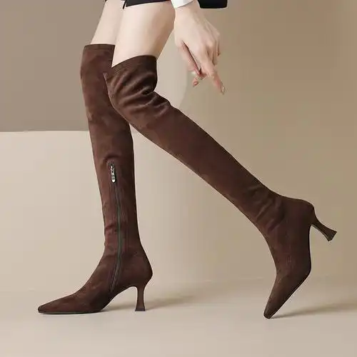 2023秋冬新款软面尖头显瘦长靴女高跟鞋侧拉链加绒过膝弹力靴40码