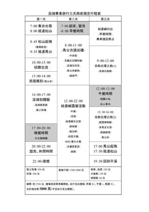 澎湖毕业旅行三天两夜预定行程表
