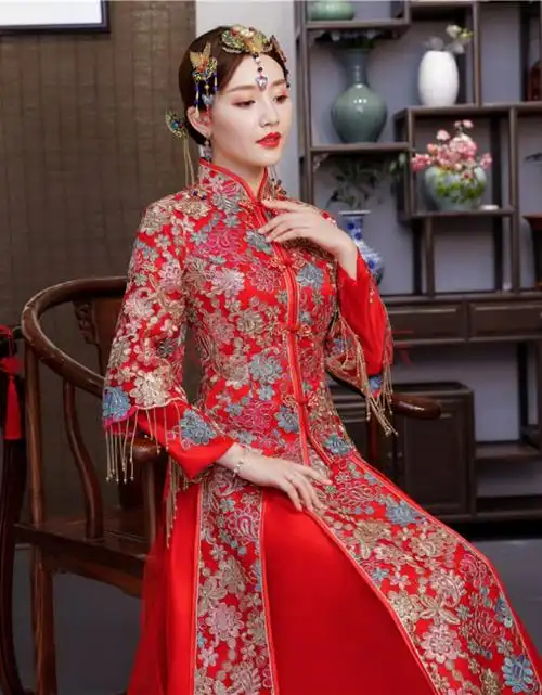 秀禾服敬酒服红色长袖中式结婚礼服新娘嫁衣复古旗袍 图片色 s