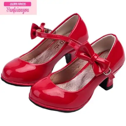 七斓女童高跟鞋小公主单鞋红色儿童皮鞋小女孩演出走秀公主鞋小孩鞋子