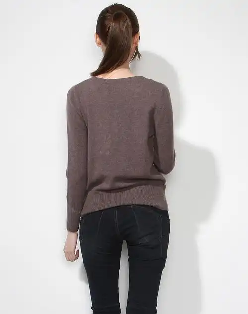 灰咖色100%山羊绒时尚v领长袖针织衫