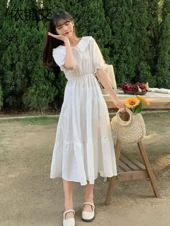 2021夏季新款宽松女学生娃娃领小清新裙子连衣裙长款女装收腰显瘦 白