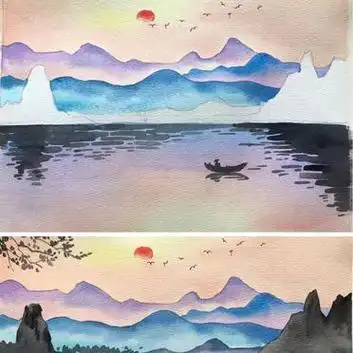 简单好看/国风水彩山水风景画 / 有步骤