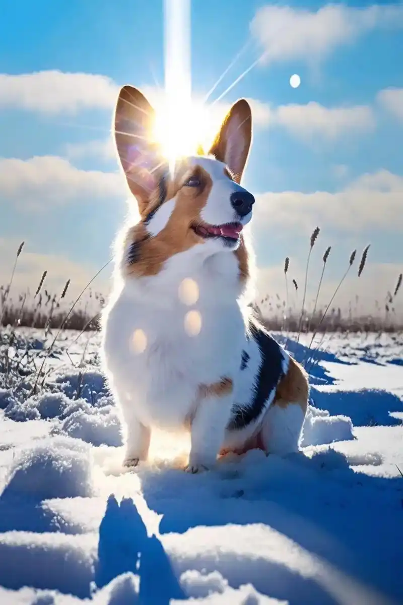 柔和的阳光一只蓝白长耳狗狗,可爱的狗狗在雪地里撒欢卖萌#柯基 - 抖