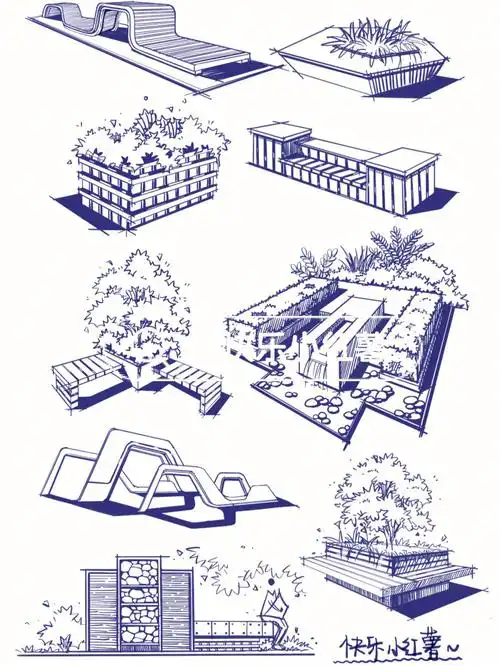 景观小品可以用在我们的效果图中也可以画在小分析图里注意线条要画得