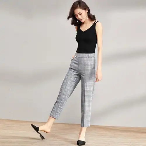 夏装新款时尚格纹工装裤子ol气质中腰百搭休闲裤女