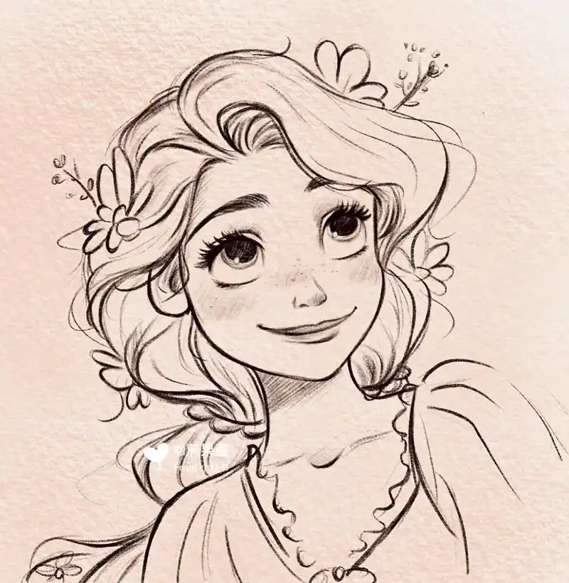 来一个迪士尼长发公主,依然是线稿练习～一起进步手绘铅笔线稿临摹