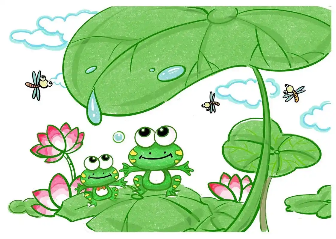 夏天主题画,夏至儿童画,池塘里的小青蛙 夏至|日渐长夜微凉 	 池塘里
