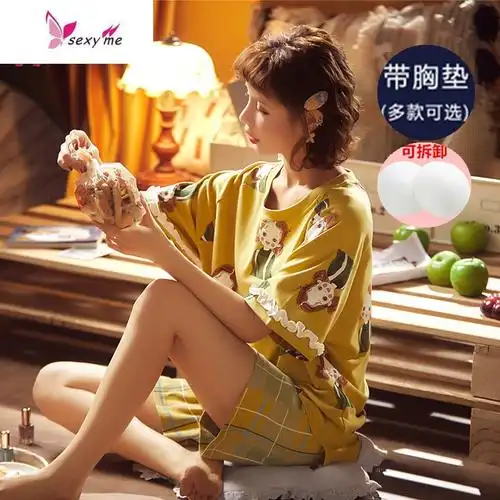 自带胸垫棉睡衣女夏季薄款两件大码文胸罩家居服短袖可外穿fishbasket