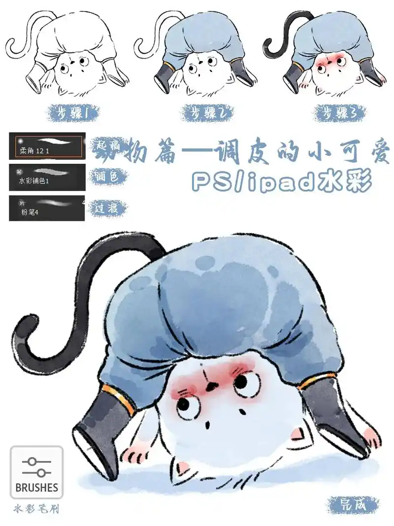 零基础学水彩 | 拟人动物详细步骤分解～96工具:电脑 /  - 抖音