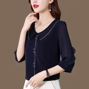 高档雪纺衬衫女士七分袖娃娃领荷叶边打底洋气漂亮时尚纯色上衣夏