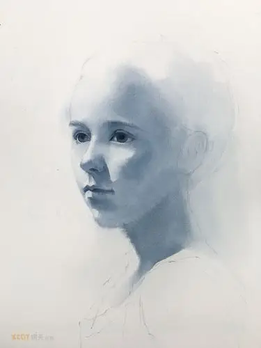 单色水彩-少女半侧脸,附过程图