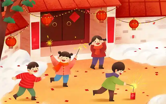 恭贺新春卡通手绘小朋友放鞭炮原创插画春节快乐新年快乐插画