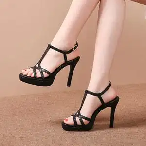 2022夏季新款露趾一字扣高跟鞋女防水台细跟百搭性感绑带罗马凉鞋