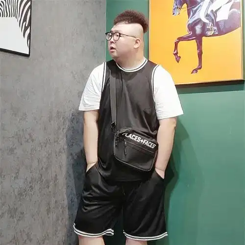 帅胖胖子潮牌嘻哈宽松时尚拼接两件加肥加大休闲运动套装