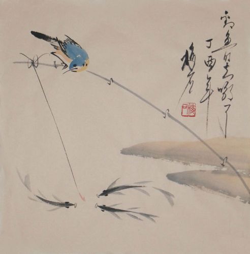 原创国画小品钓鱼中式画斗方手绘仿古字画挂画装饰画原稿真迹字画