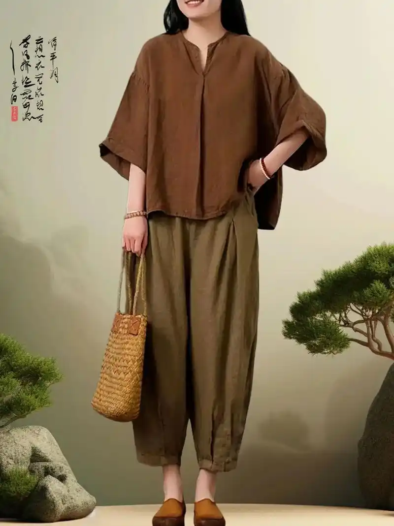 大码棉麻宽松显瘦套装