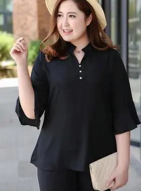 200斤大码女装韩版宽松遮肚百搭雪纺上衣夏 胖妹妹韩版五分袖上衣