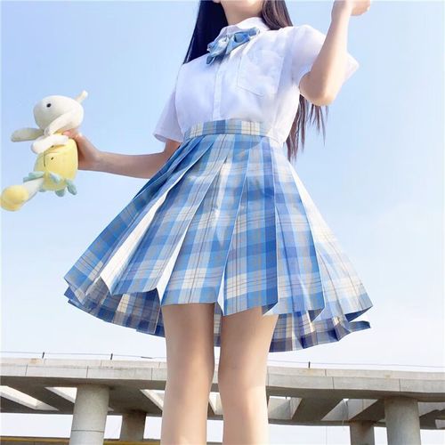 特大码女装微胖mm200斤遮肚日系jk制服jk格裙百褶裙两件套水手服 白中