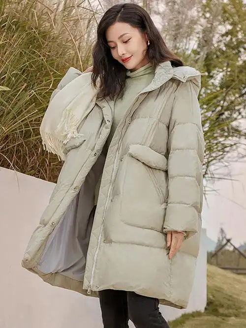 韩都衣舍2022冬装外套新款女装时尚宽松连帽中长款羽绒服
