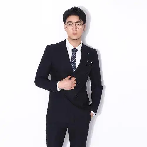 川泽英伦小单西服修身绅士商务蓝色双排2019西服