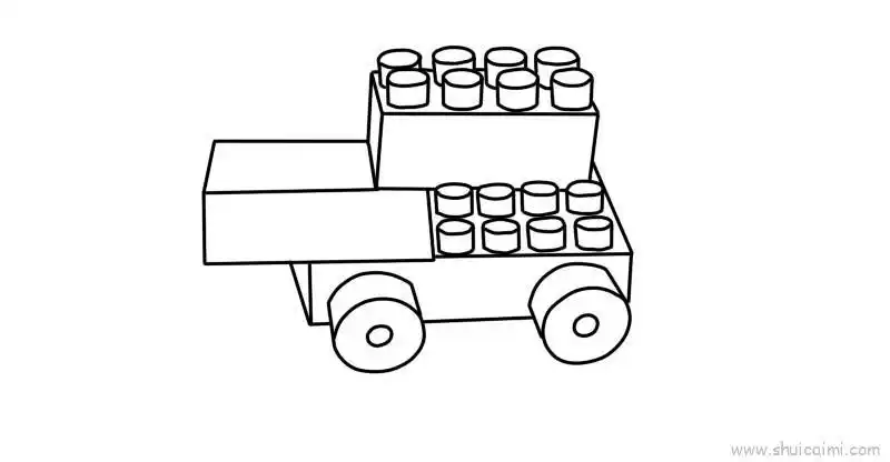 1,首先画积木的两个盒子;2,然后画一个长方体;3,再画两个车轮子;4